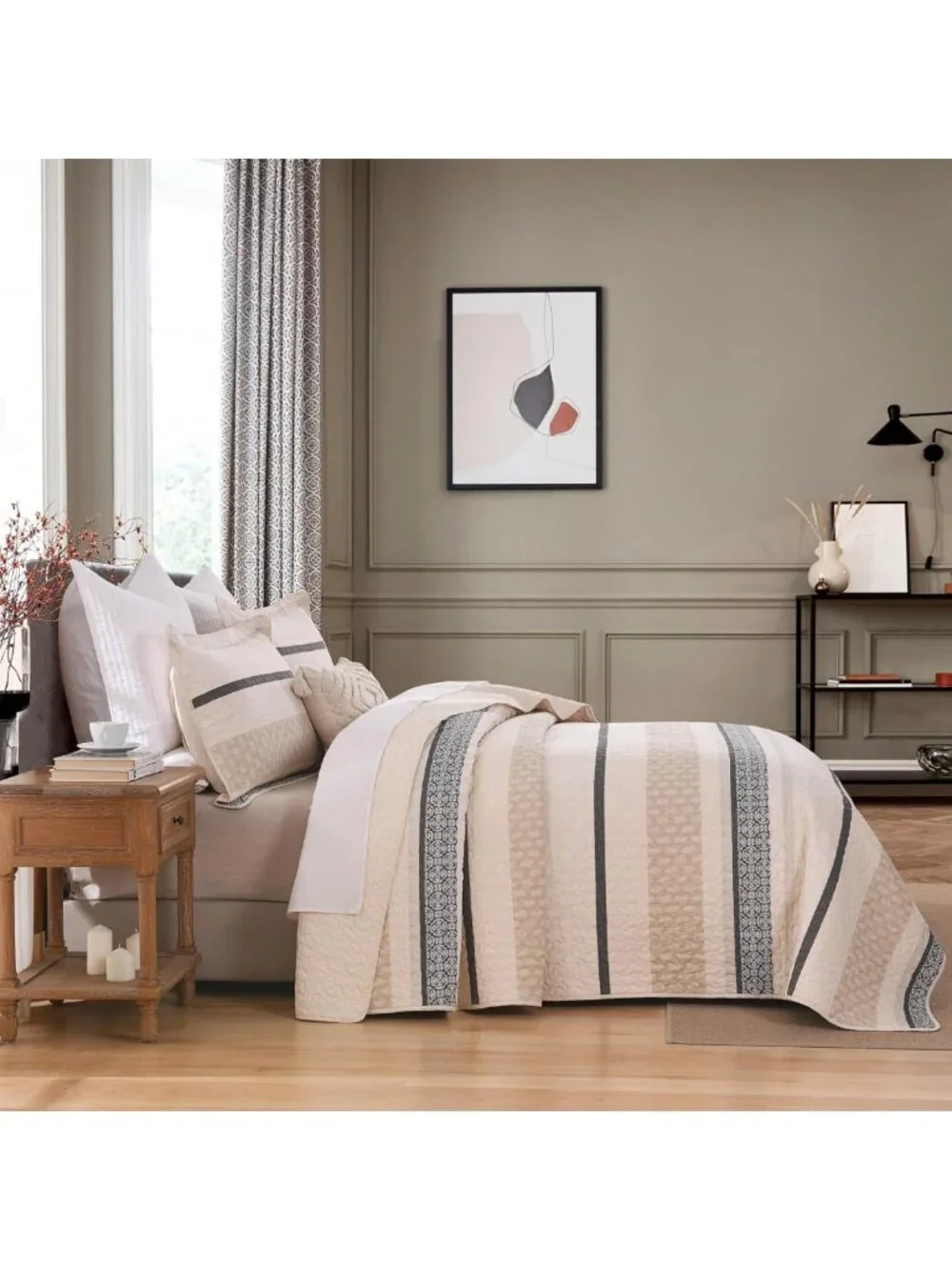 Reversible King Size Comforter Set - Lightweight Beige & Grey Striped Bedding, 2